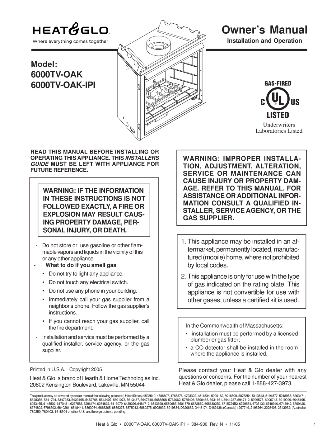 Heat & Glo LifeStyle 6000TV-OAK-IPI owner manual Installation and Operation, What to do if you smell gas 