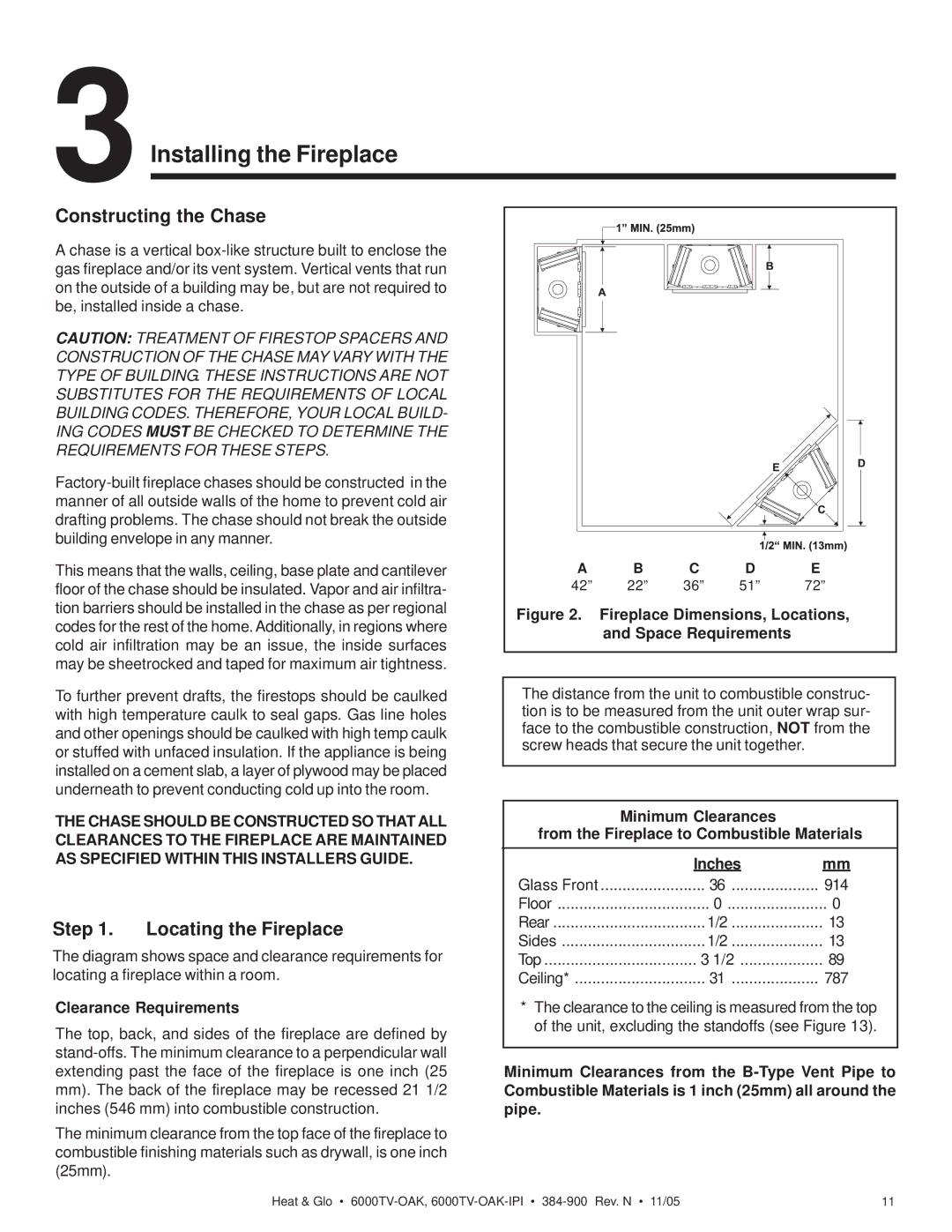 Heat & Glo LifeStyle 6000TV-OAK-IPI owner manual 3Installing the Fireplace, Constructing the Chase, Locating the Fireplace 