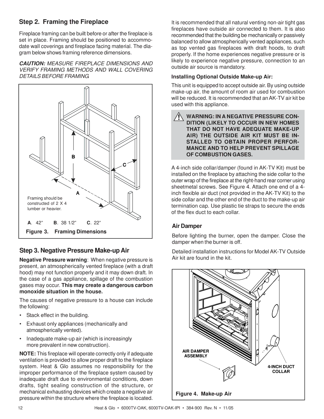 Heat & Glo LifeStyle 6000TV-OAK Framing the Fireplace, Negative Pressure Make-up Air, Air Damper, Framing Dimensions 