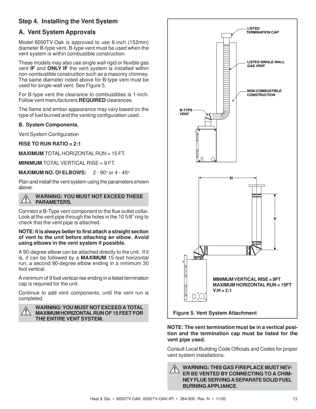 Heat & Glo LifeStyle 6000TV-OAK-IPI owner manual Installing the Vent System A. Vent System Approvals, System Components 