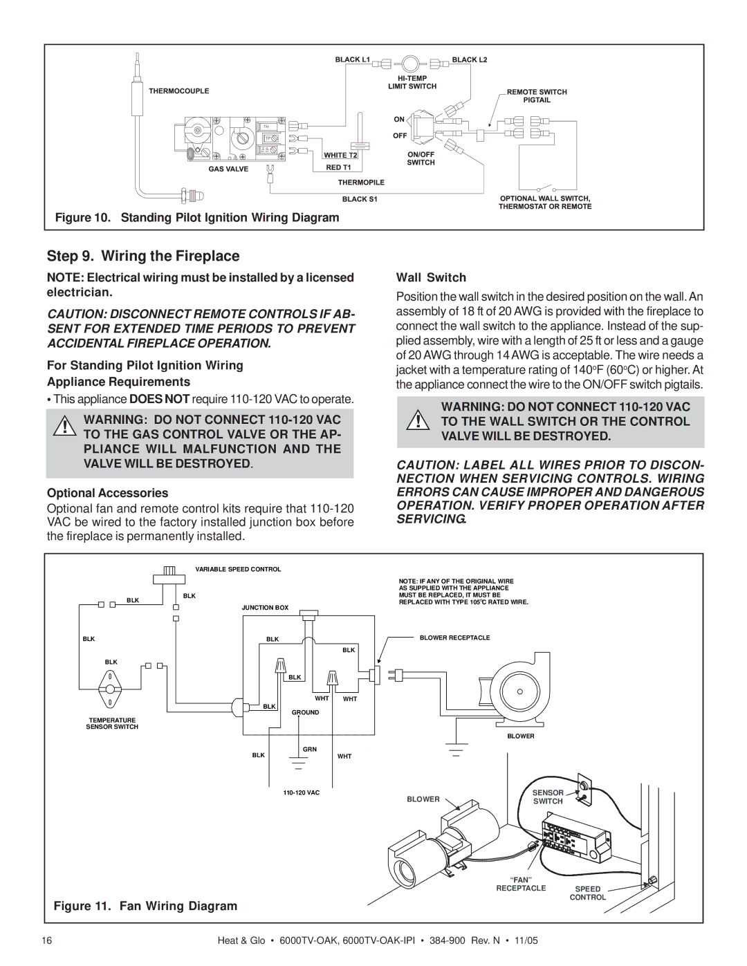 Heat & Glo LifeStyle 6000TV-OAK Wiring the Fireplace, For Standing Pilot Ignition Wiring Appliance Requirements 