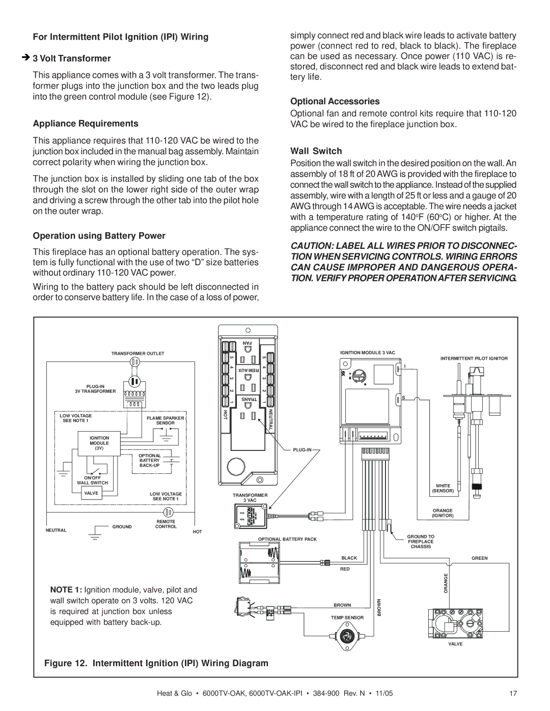 Heat & Glo LifeStyle 6000TV-OAK-IPI owner manual For Intermittent Pilot Ignition IPI Wiring Volt Transformer 