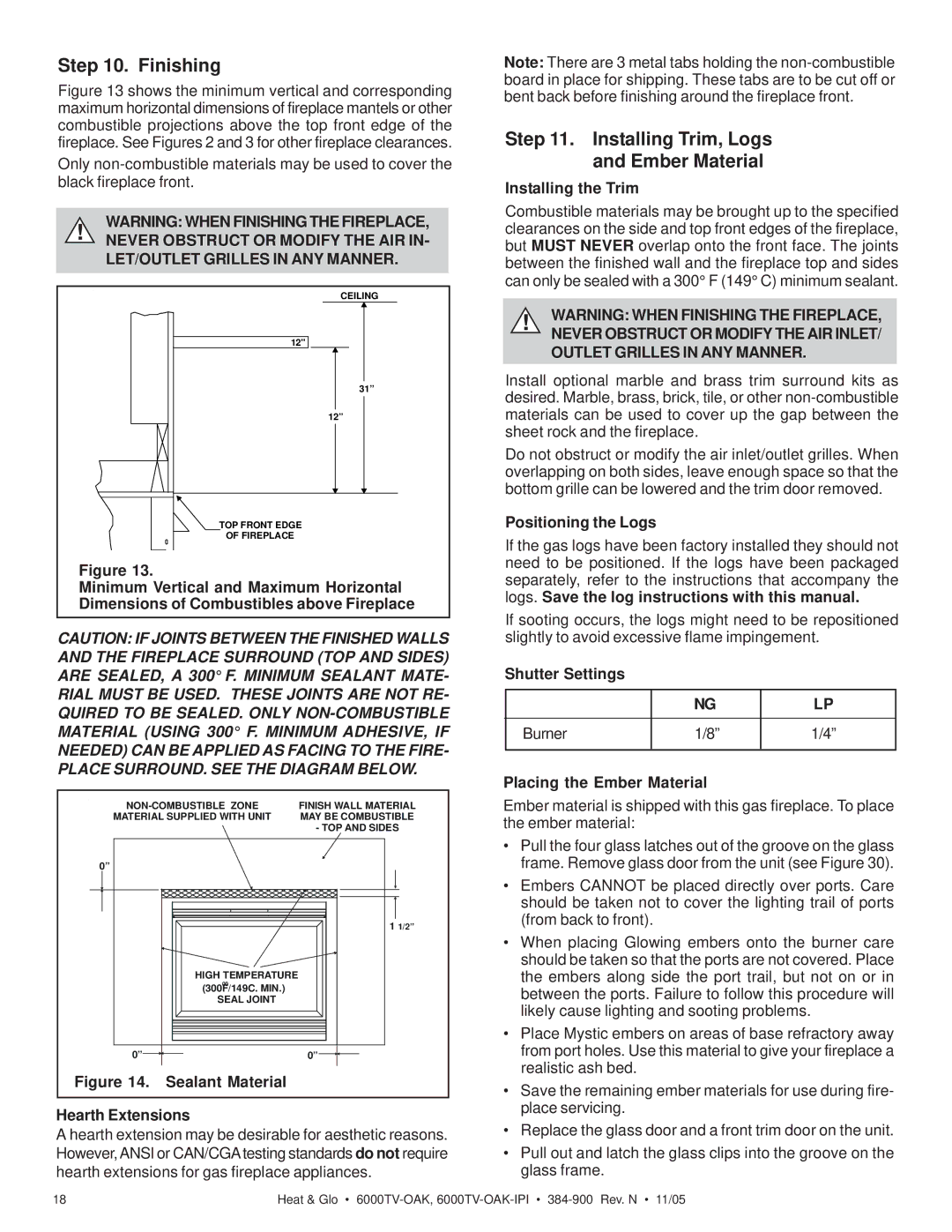 Heat & Glo LifeStyle 6000TV-OAK-IPI owner manual Finishing, Installing Trim, Logs and Ember Material 