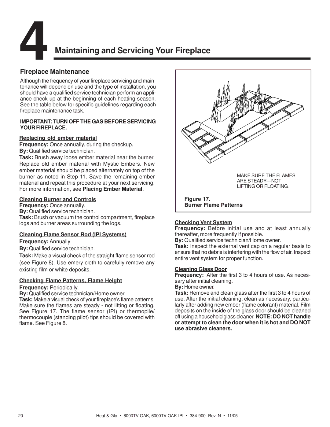 Heat & Glo LifeStyle 6000TV-OAK-IPI owner manual 4Maintaining and Servicing Your Fireplace, Fireplace Maintenance 