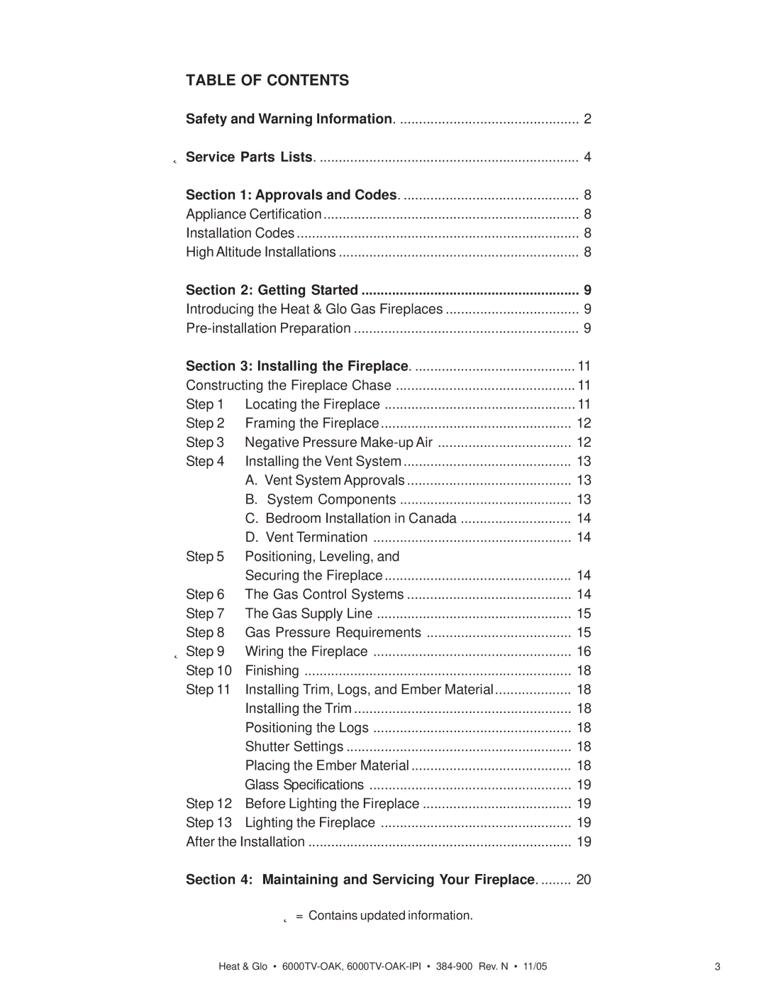 Heat & Glo LifeStyle 6000TV-OAK-IPI owner manual Table of Contents 