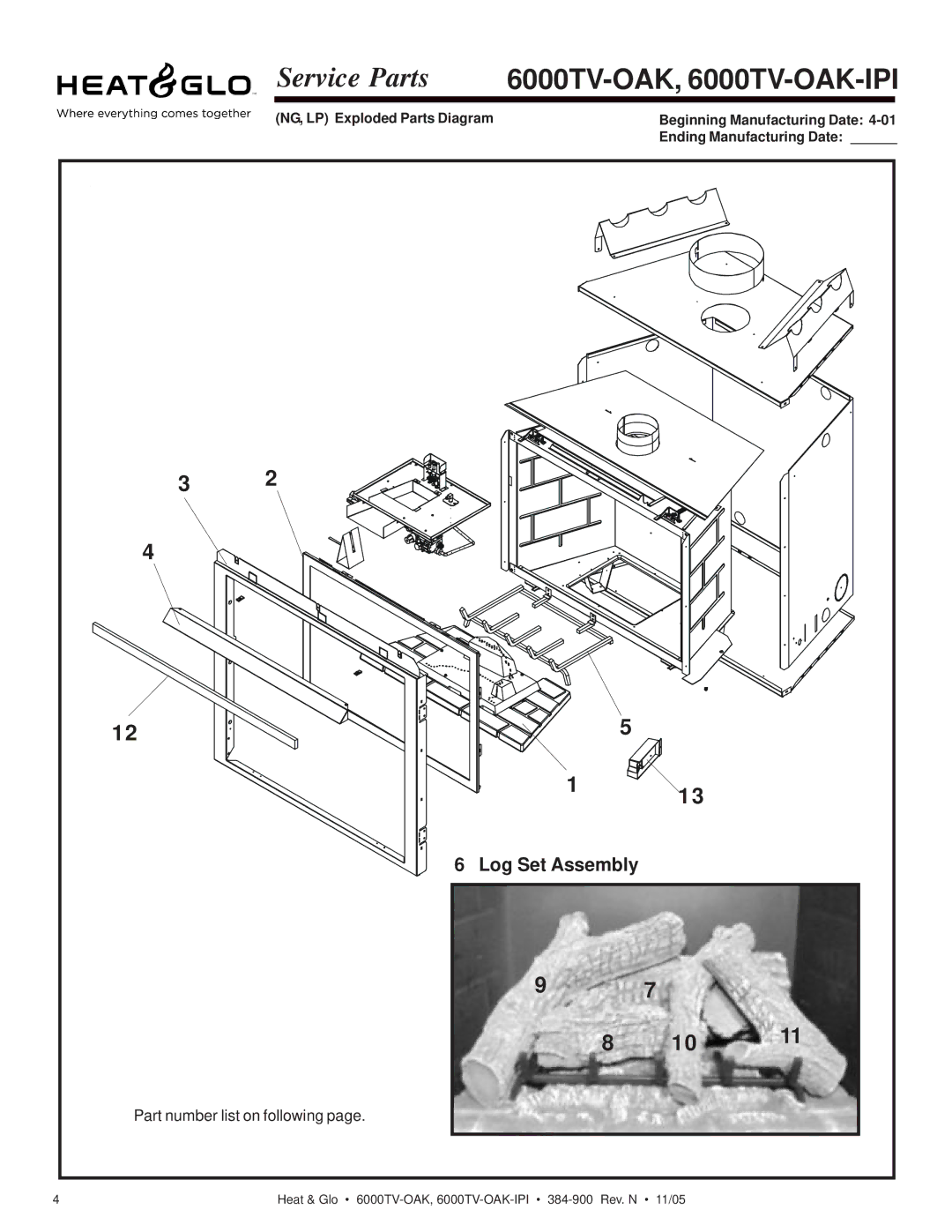 Heat & Glo LifeStyle 6000TV-OAK-IPI owner manual Service Parts, Log Set Assembly 