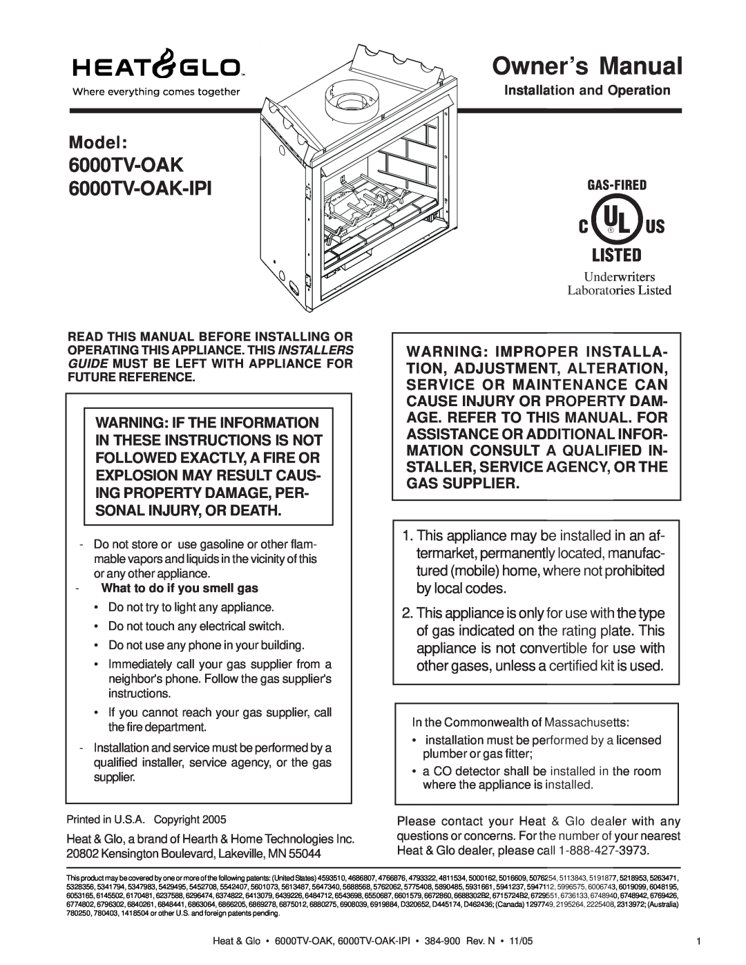 Heat & Glo LifeStyle owner manual 6000TV-OAK 6000TV-OAK-IPI, Model, Installation and Operation 