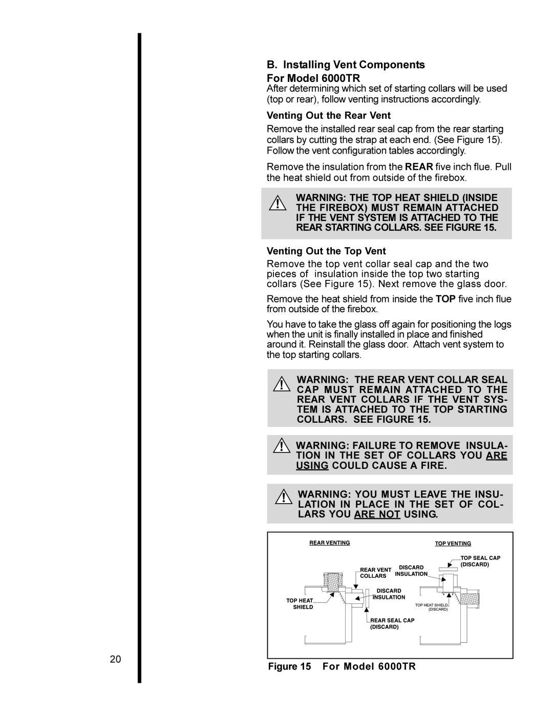 Heat & Glo LifeStyle 6000XLT-CDN, 6000XLS, 6000ARCH Installing Vent Components For Model 6000TR, Venting Out the Rear Vent 