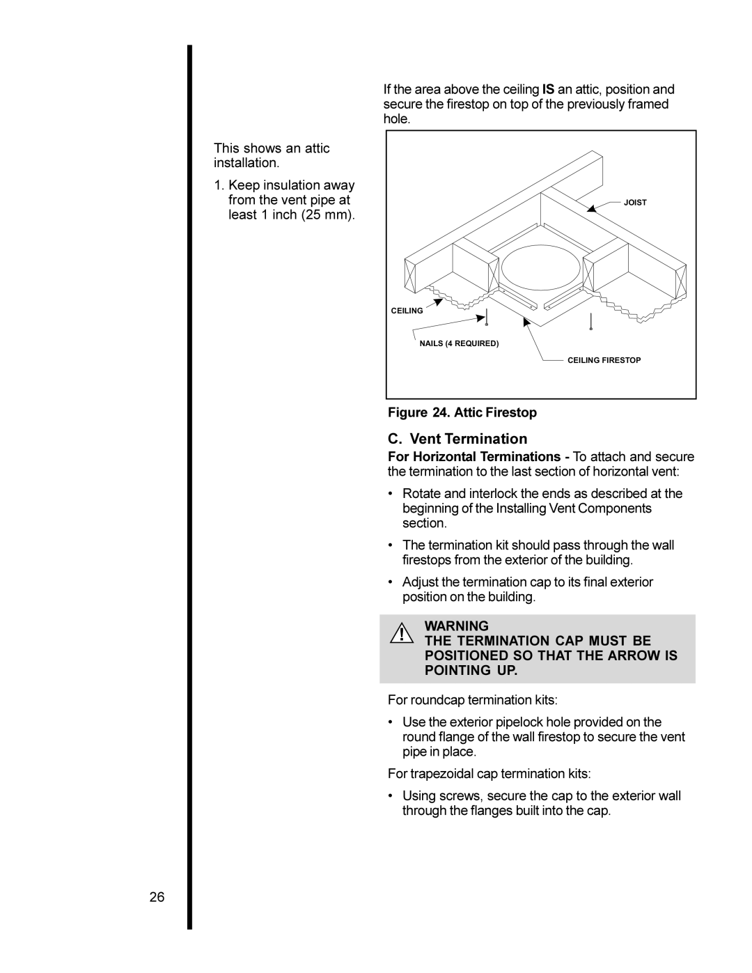 Heat & Glo LifeStyle 6000XLS, 6000XLT-CDN, 6000TR, 6000ARCH manual Vent Termination, Attic Firestop 