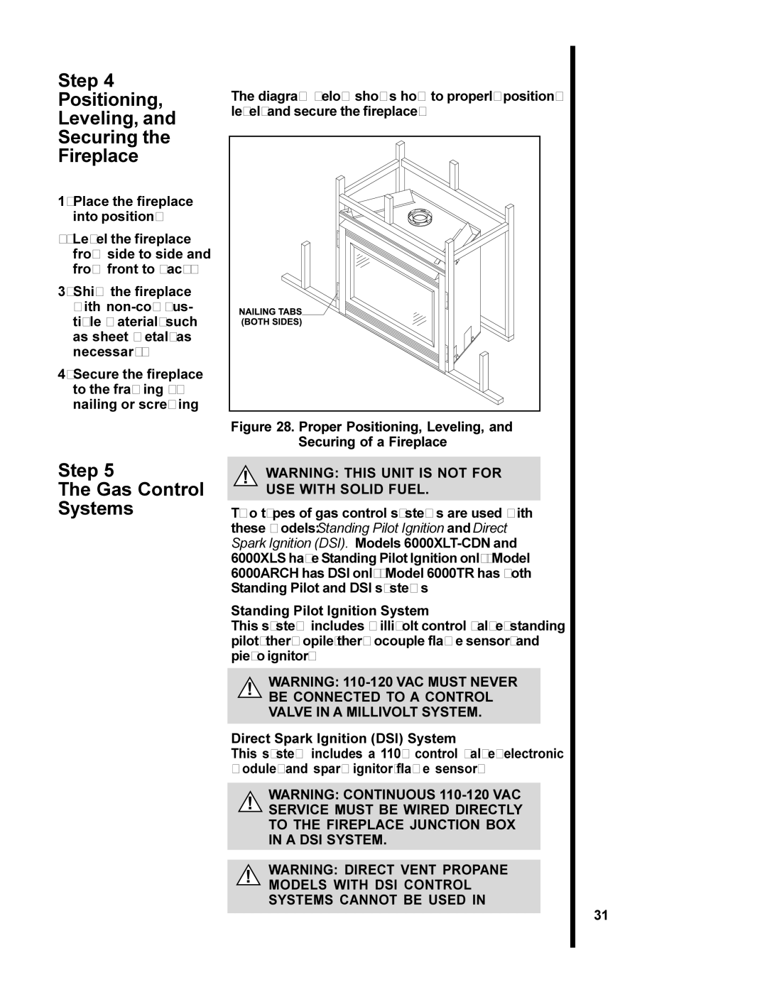 Heat & Glo LifeStyle 6000ARCH, 6000XLT-CDN, 6000TR Step Positioning Leveling, Securing Fireplace, Step Gas Control Systems 