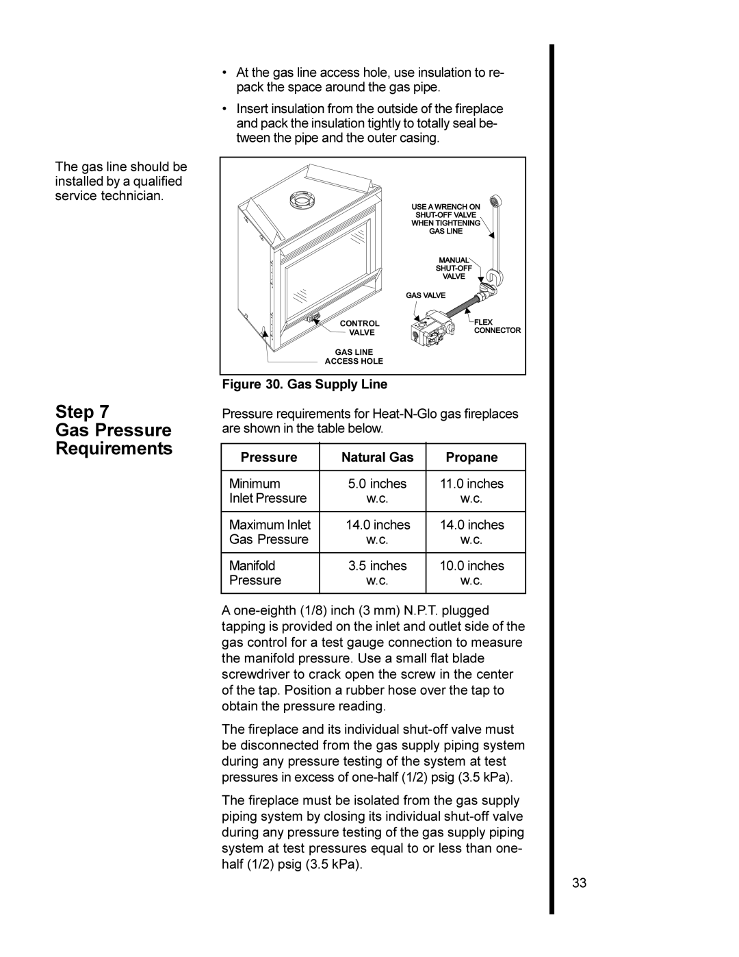 Heat & Glo LifeStyle 6000TR, 6000XLT-CDN, 6000XLS, 6000ARCH Step Gas Pressure Requirements, Pressure Natural Gas Propane 