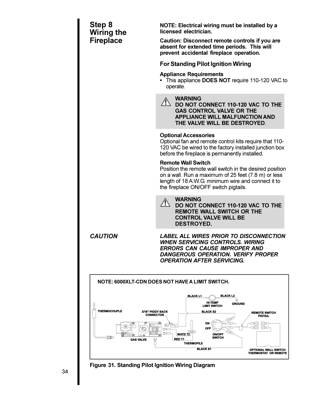 Heat & Glo LifeStyle 6000XLS, 6000XLT-CDN, 6000TR, 6000ARCH manual Step Wiring, For Standing Pilot Ignition Wiring 