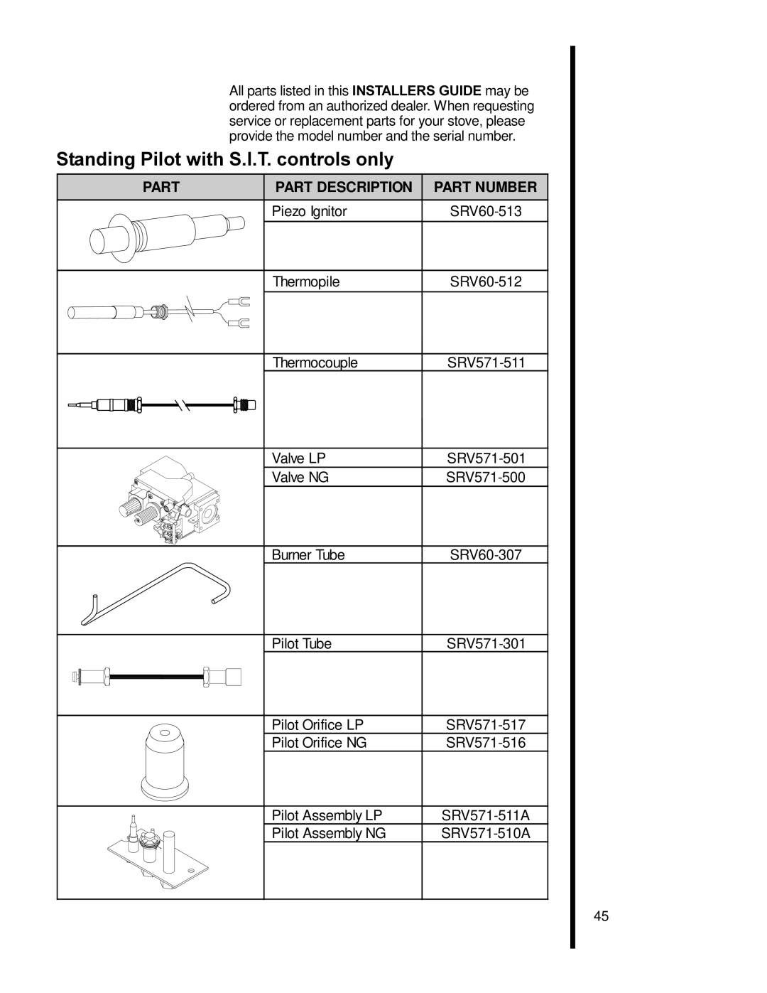 Heat & Glo LifeStyle 6000TR, 6000XLT-CDN manual Standing Pilot with S.I.T. controls only, Part Part Description Part Number 