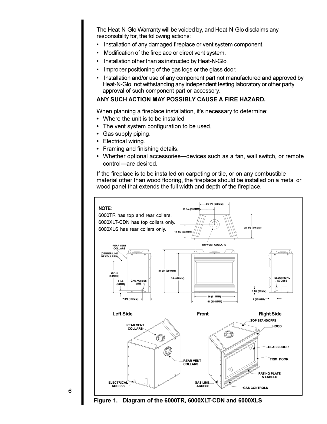 Heat & Glo LifeStyle 6000XLS, 6000XLT-CDN, 6000TR, 6000ARCH manual ANY Such Action MAY Possibly Cause a Fire Hazard 