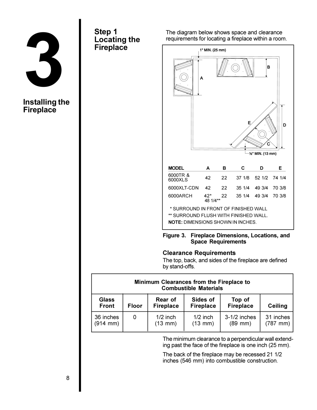 Heat & Glo LifeStyle 6000XLT-CDN, 6000TR Installing the Fireplace Step Locating, Clearance Requirements, Fireplace Ceiling 