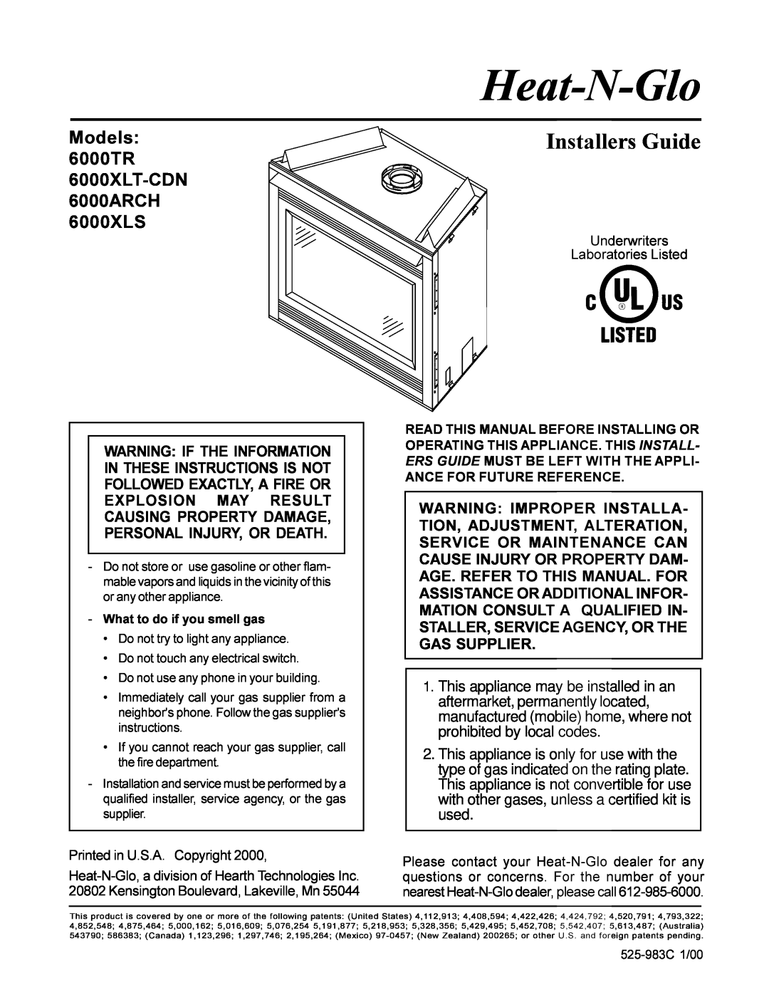 Heat & Glo LifeStyle manual Models 6000TR 6000XLT-CDN6000ARCH 6000XLS, Heat-N-Glo, Installers Guide 
