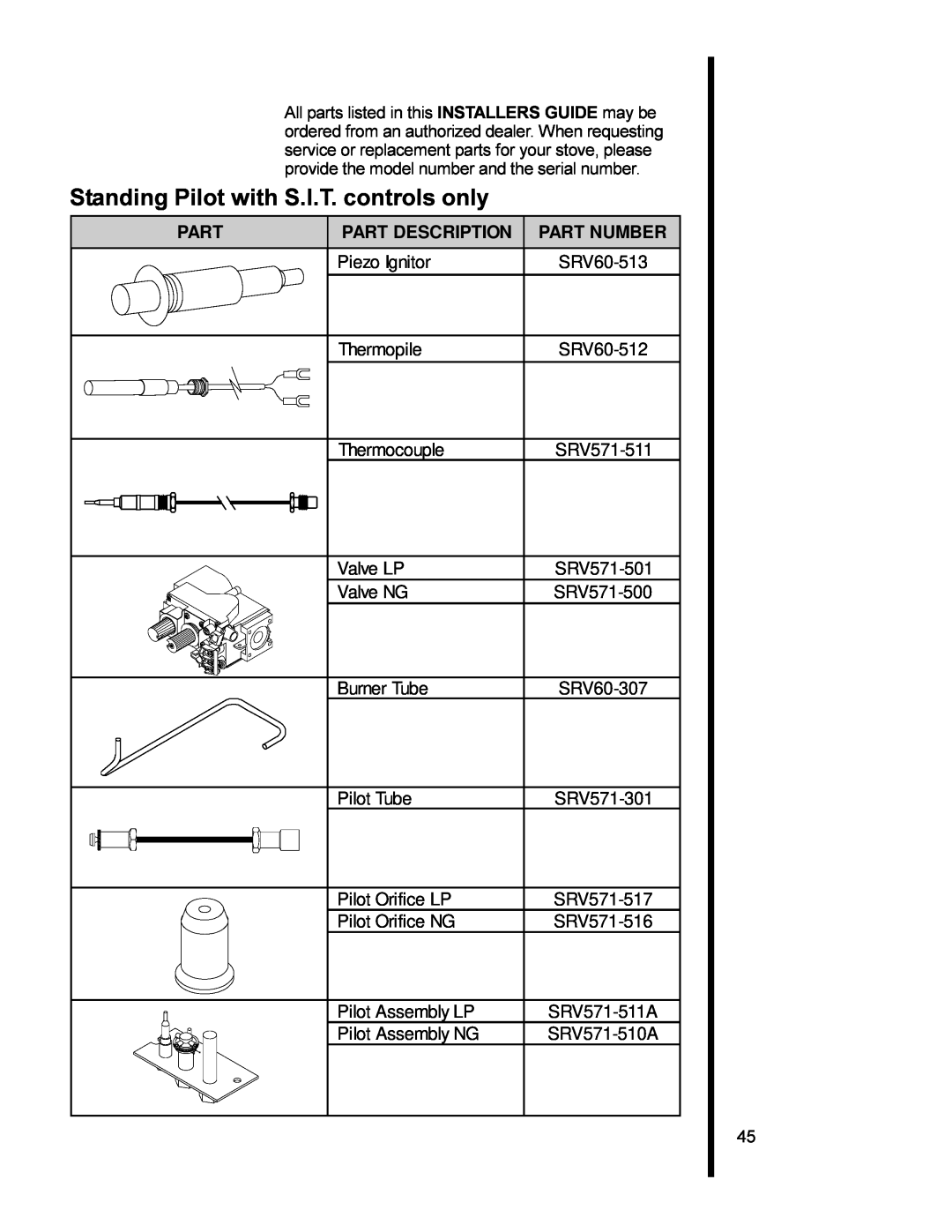 Heat & Glo LifeStyle 6000TR, 6000XLT-CDN manual Standing Pilot with S.I.T. controls only, Part Description, Part Number 