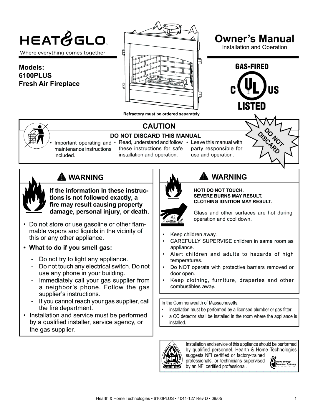 Heat & Glo LifeStyle owner manual Models 6100PLUS Fresh Air Fireplace, What to do if you smell gas 