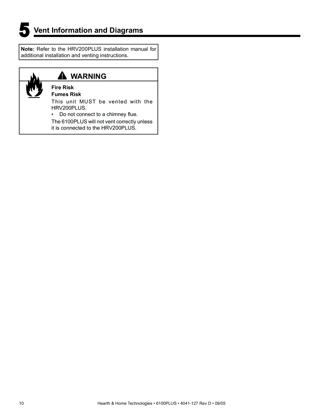 Heat & Glo LifeStyle 6100PLUS owner manual Vent Information and Diagrams, Fire Risk Fumes Risk 