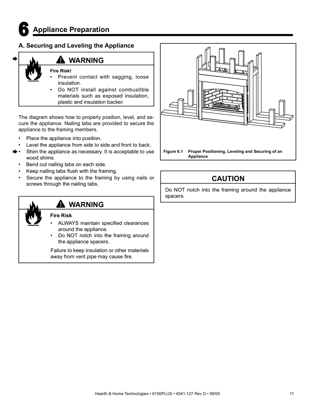 Heat & Glo LifeStyle 6100PLUS owner manual Appliance Preparation, Securing and Leveling the Appliance 