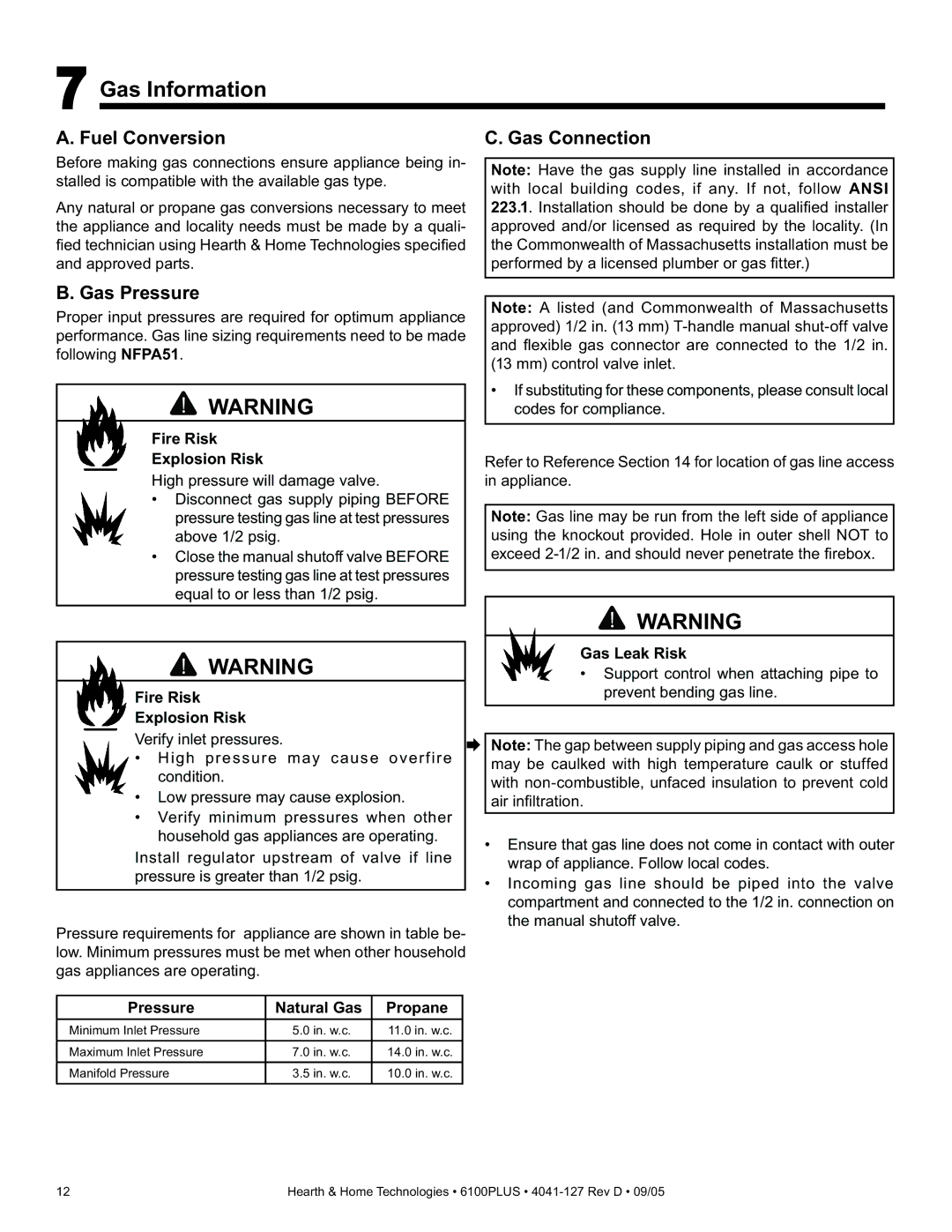 Heat & Glo LifeStyle 6100PLUS owner manual Gas Information, Fuel Conversion Gas Connection, Gas Pressure, Gas Leak Risk 