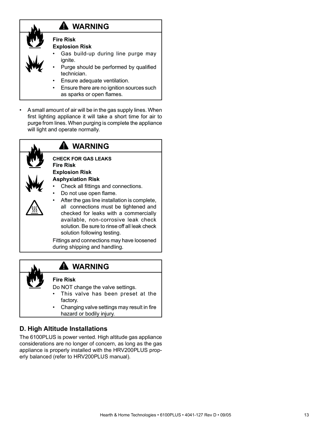 Heat & Glo LifeStyle 6100PLUS owner manual High Altitude Installations, Fire Risk Explosion Risk Asphyxiation Risk 