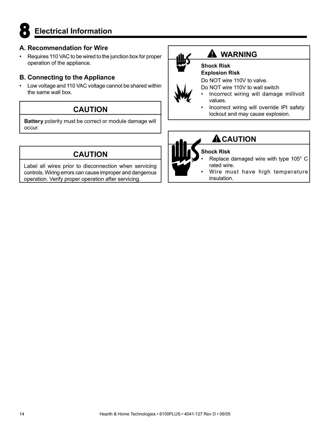 Heat & Glo LifeStyle 6100PLUS Electrical Information, Recommendation for Wire, Connecting to the Appliance, Shock Risk 