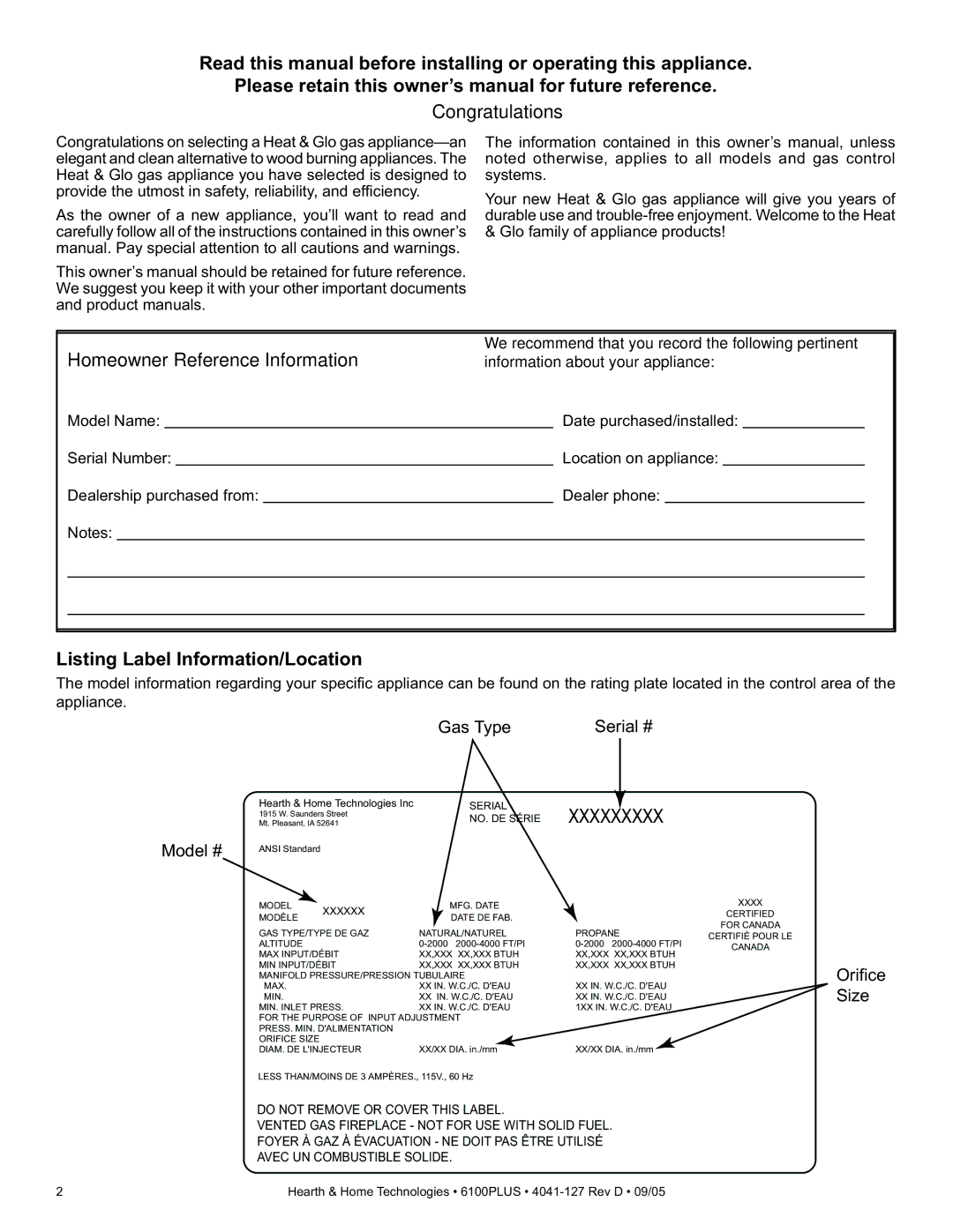 Heat & Glo LifeStyle 6100PLUS owner manual Homeowner Reference Information, Listing Label Information/Location 