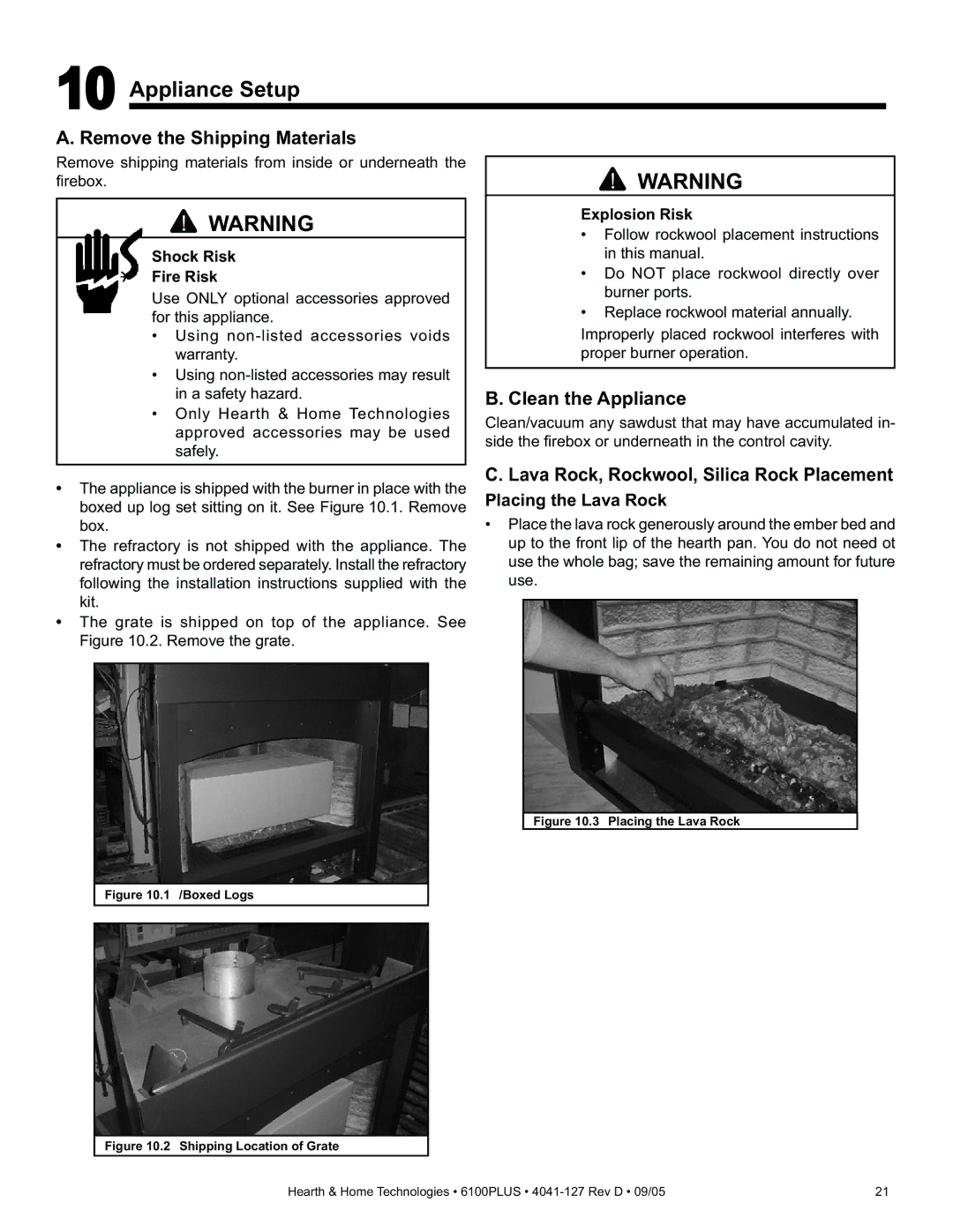 Heat & Glo LifeStyle 6100PLUS Appliance Setup, Remove the Shipping Materials, Clean the Appliance, Placing the Lava Rock 