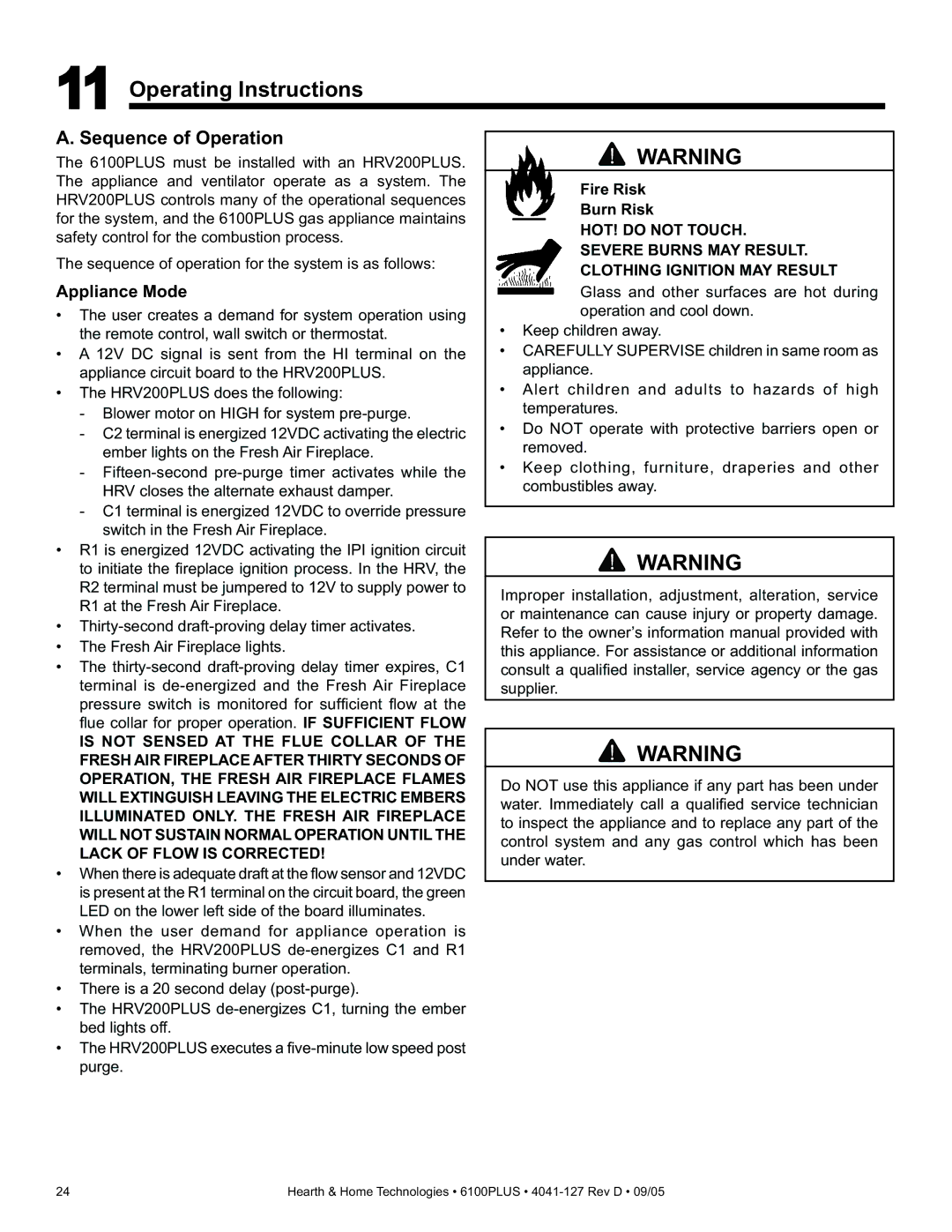 Heat & Glo LifeStyle 6100PLUS Operating Instructions, Sequence of Operation, Appliance Mode, Fire Risk Burn Risk 