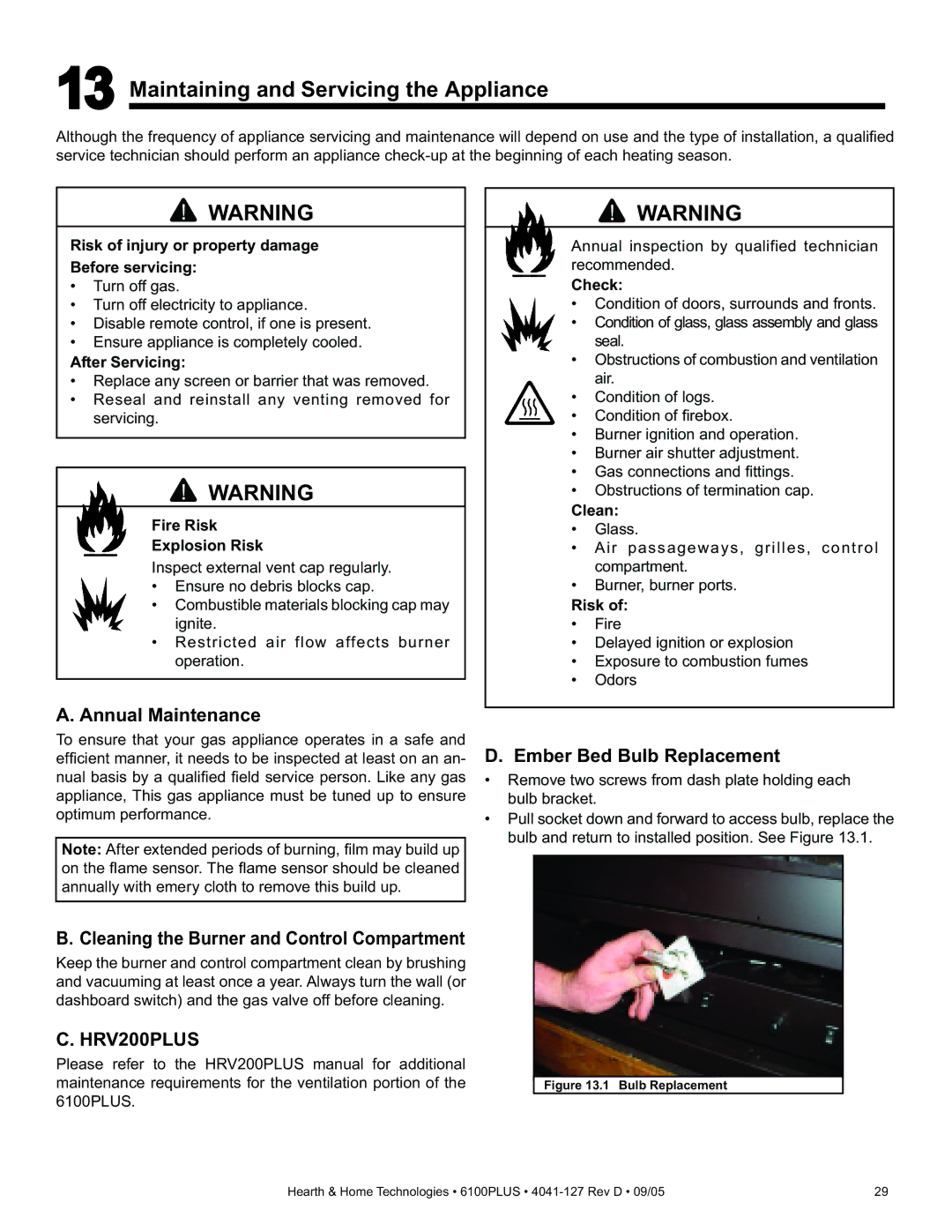 Heat & Glo LifeStyle 6100PLUS Maintaining and Servicing the Appliance, Annual Maintenance, Ember Bed Bulb Replacement 