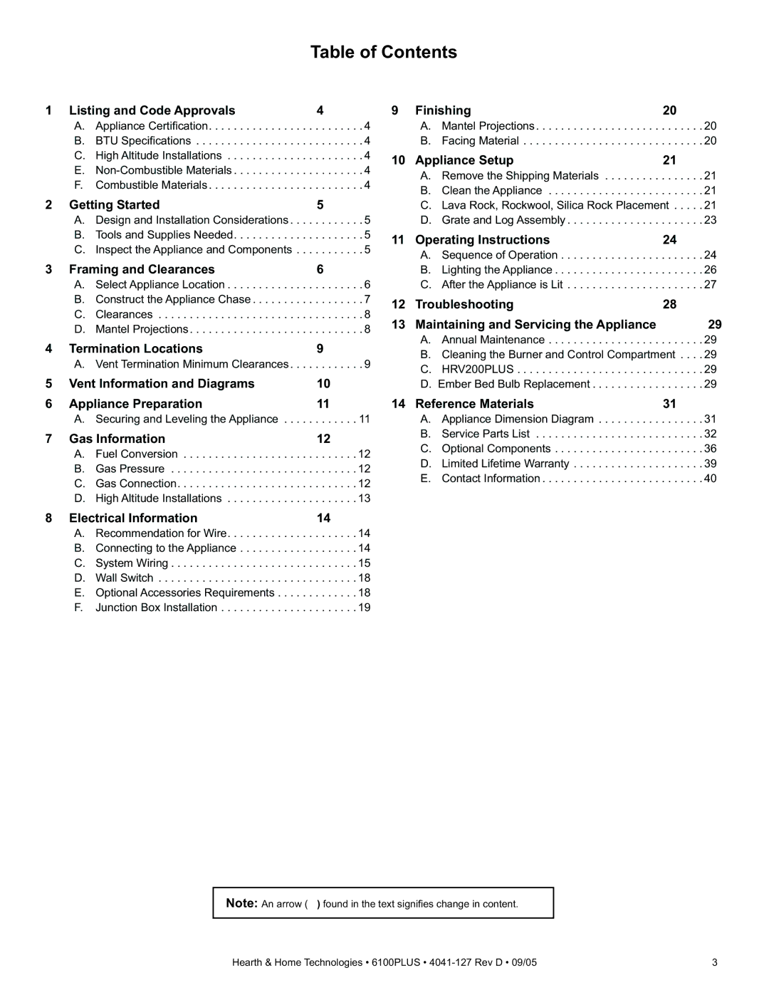 Heat & Glo LifeStyle 6100PLUS owner manual Table of Contents 