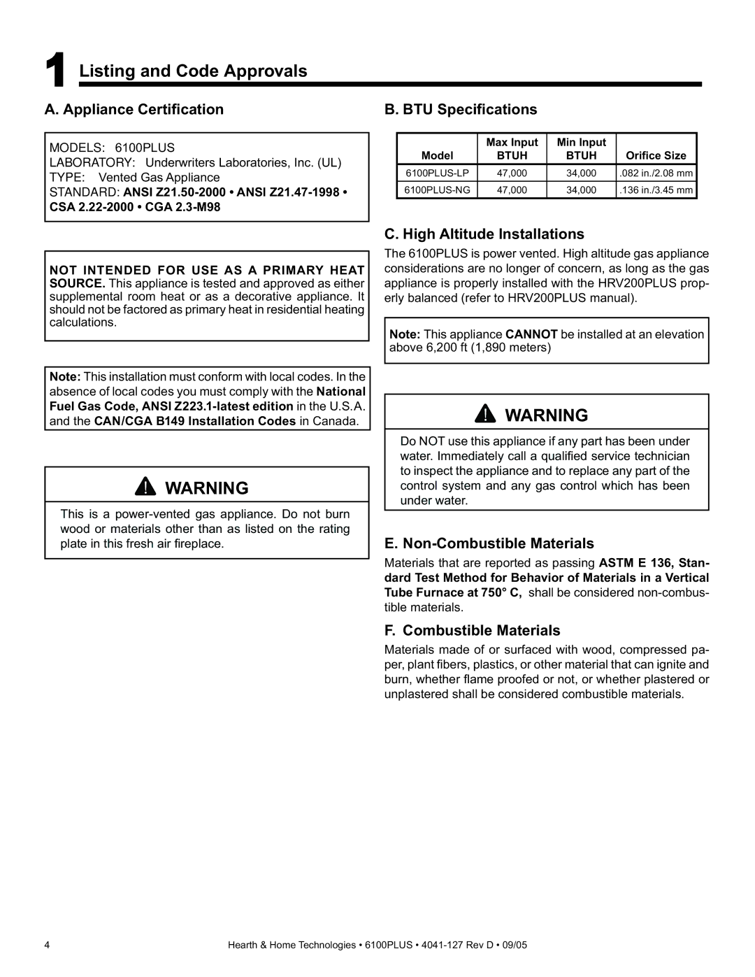 Heat & Glo LifeStyle 6100PLUS owner manual Listing and Code Approvals, Appliance Certiﬁcation, High Altitude Installations 