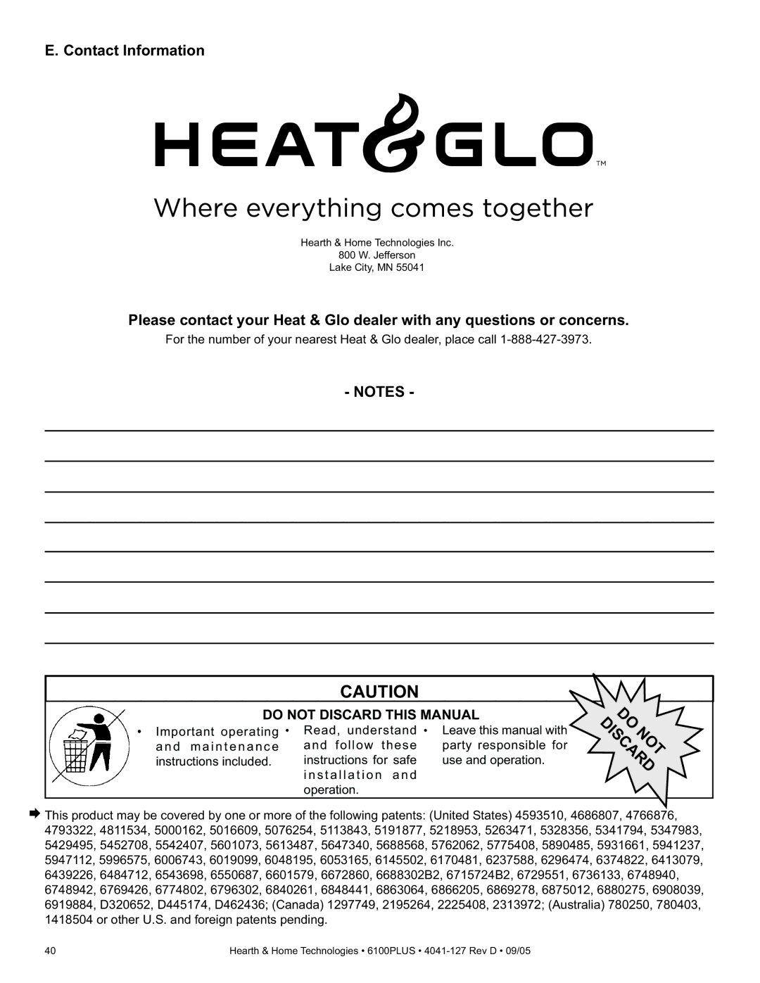 Heat & Glo LifeStyle 6100PLUS owner manual Contact Information 