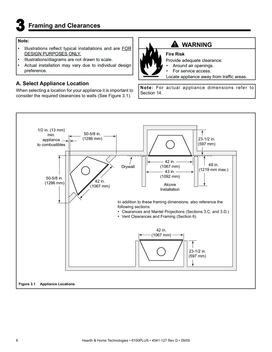 Heat & Glo LifeStyle 6100PLUS owner manual Framing and Clearances, Select Appliance Location, Fire Risk 