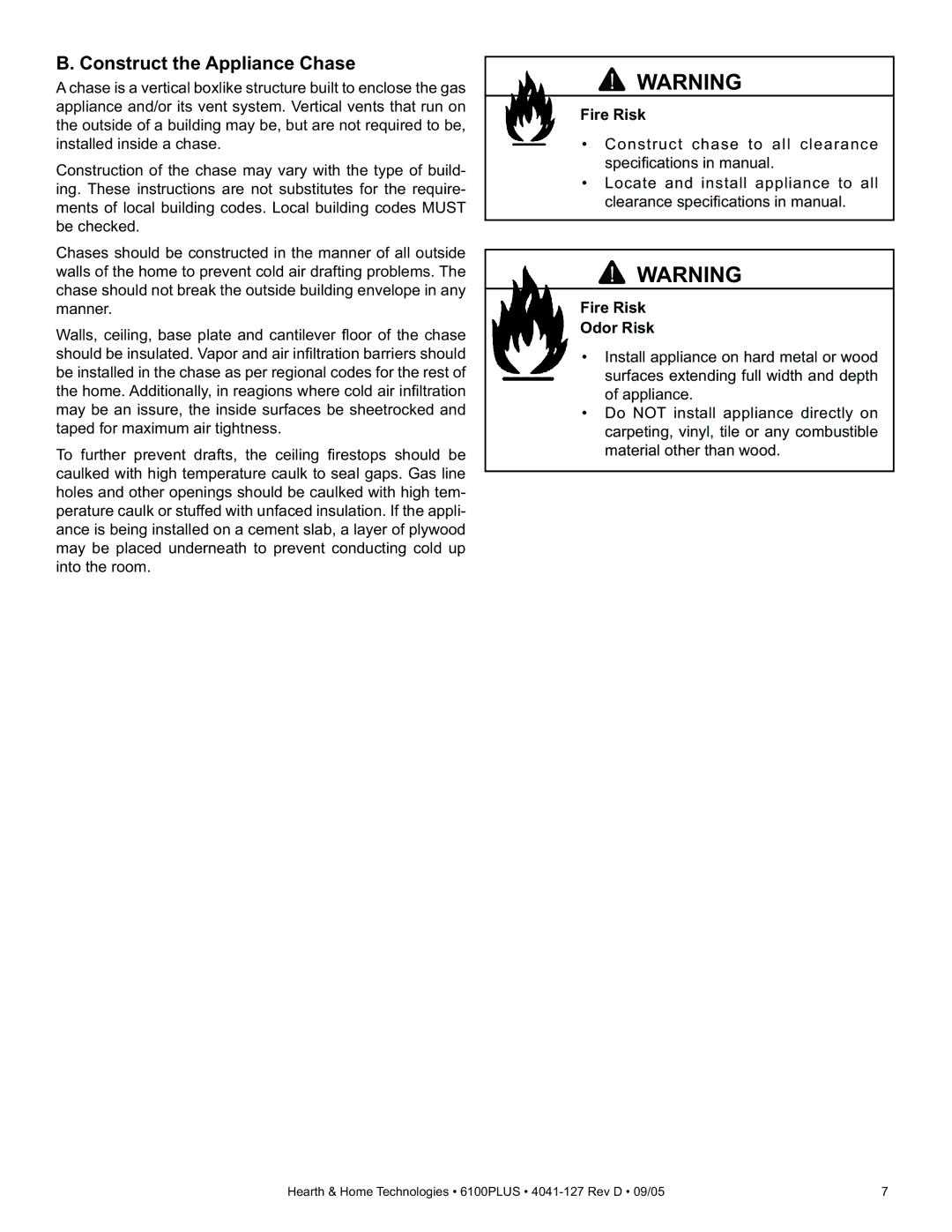 Heat & Glo LifeStyle 6100PLUS owner manual Construct the Appliance Chase, Fire Risk Odor Risk 