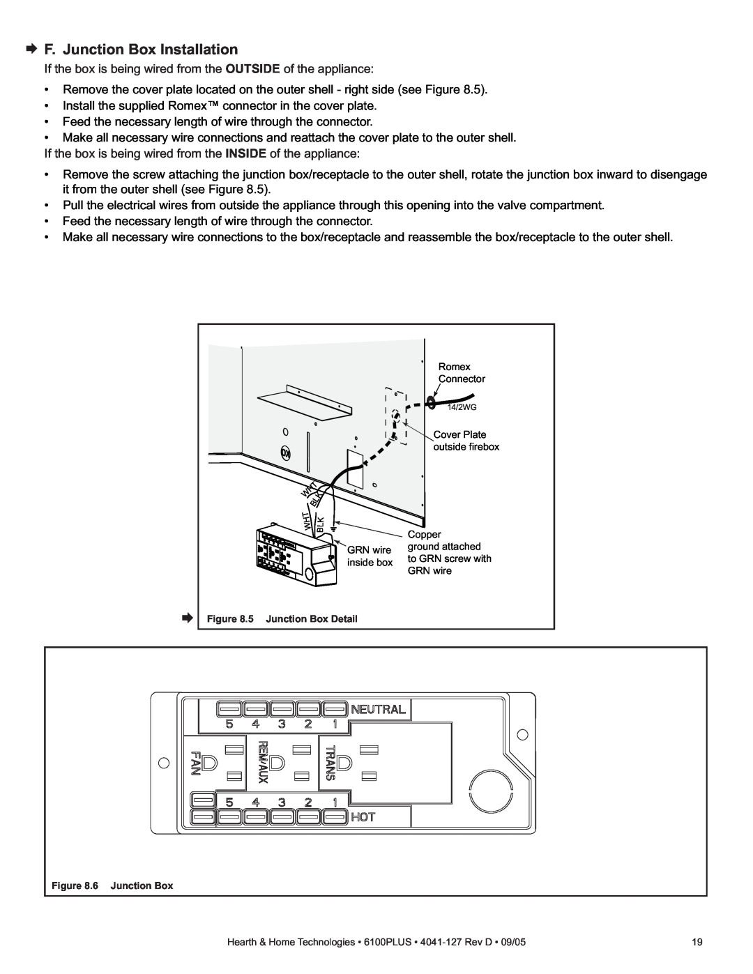 Heat & Glo LifeStyle 6100PLUS owner manual F. Junction Box Installation, 5 Junction Box Detail, 6 Junction Box 