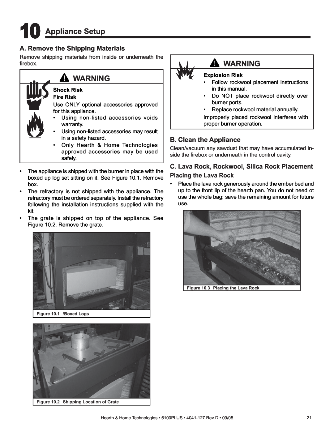 Heat & Glo LifeStyle 6100PLUS Appliance Setup, A. Remove the Shipping Materials, B. Clean the Appliance, Explosion Risk 