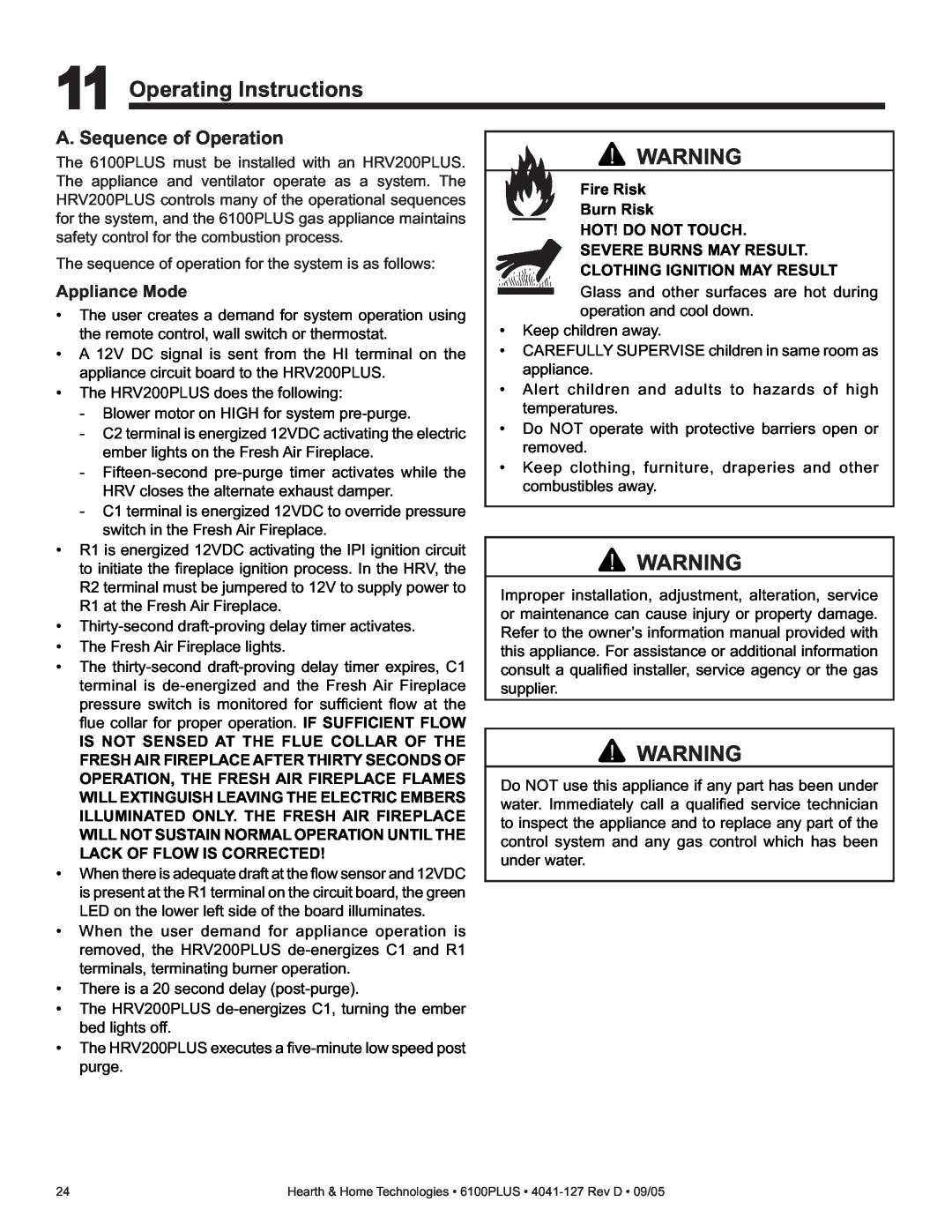 Heat & Glo LifeStyle 6100PLUS Operating Instructions, A. Sequence of Operation, Appliance Mode, Severe Burns May Result 