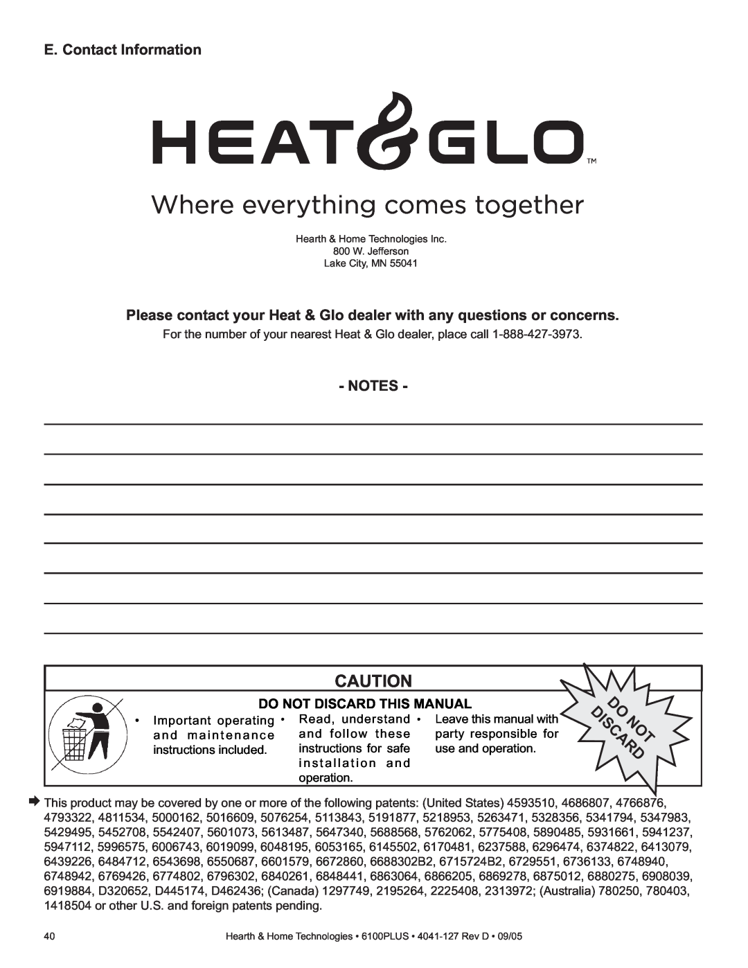 Heat & Glo LifeStyle 6100PLUS owner manual E. Contact Information, Do Not Discard This Manual 