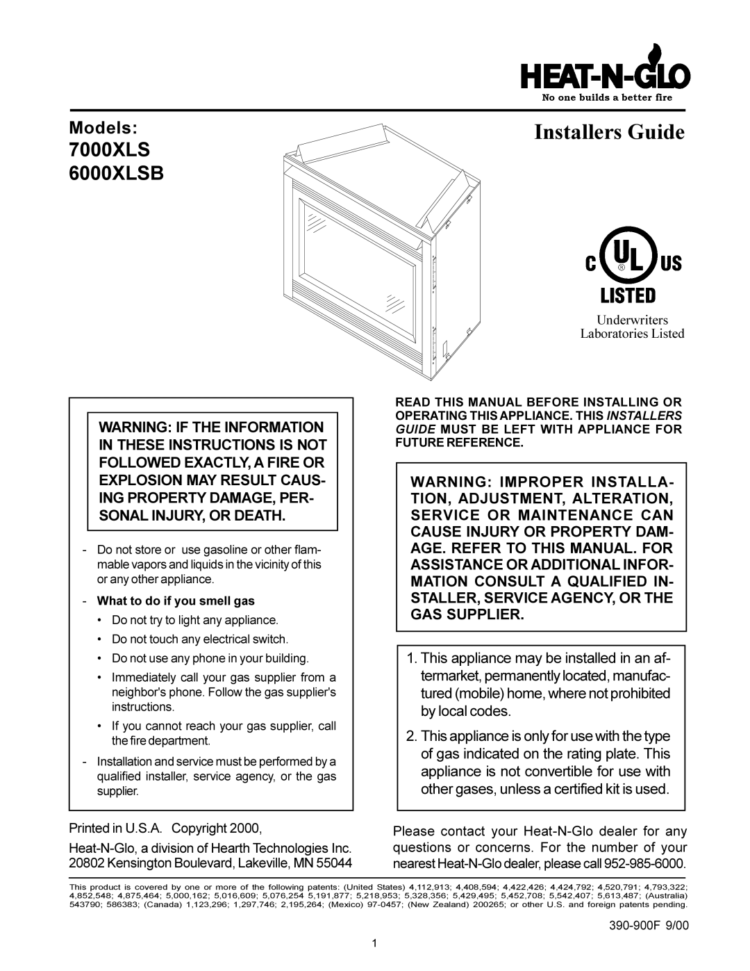 Heat & Glo LifeStyle 6000XLSB, 7000XLS manual Installers Guide, What to do if you smell gas 