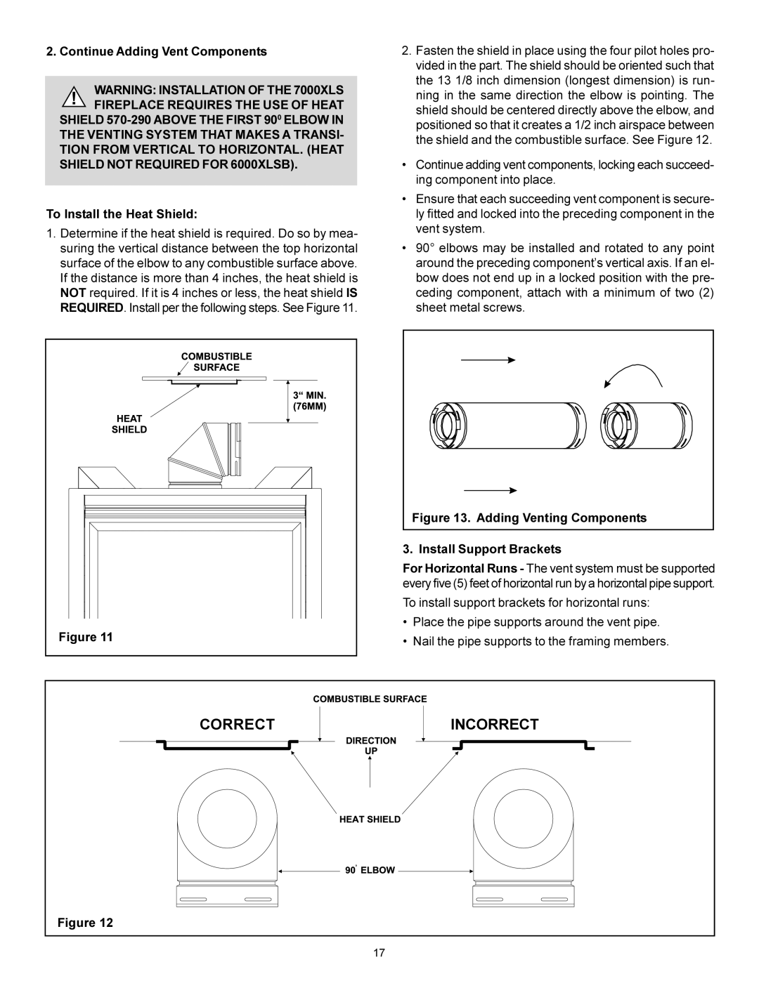 Heat & Glo LifeStyle 6000XLSB manual Continue Adding Vent Components, To Install the Heat Shield, Install Support Brackets 