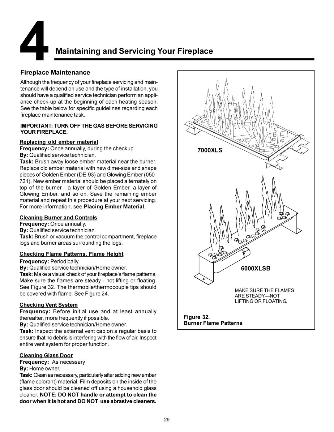 Heat & Glo LifeStyle 6000XLSB, 7000XLS Fireplace Maintenance, Important Turn OFF the GAS Before Servicing Your Fireplace 