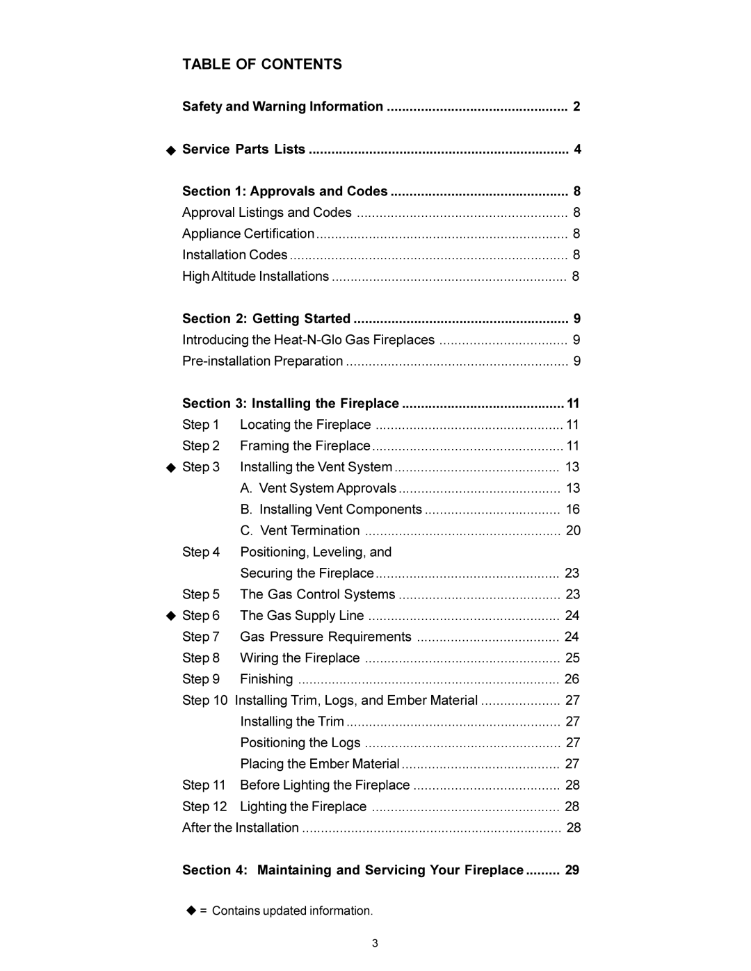 Heat & Glo LifeStyle 6000XLSB, 7000XLS manual Table of Contents 