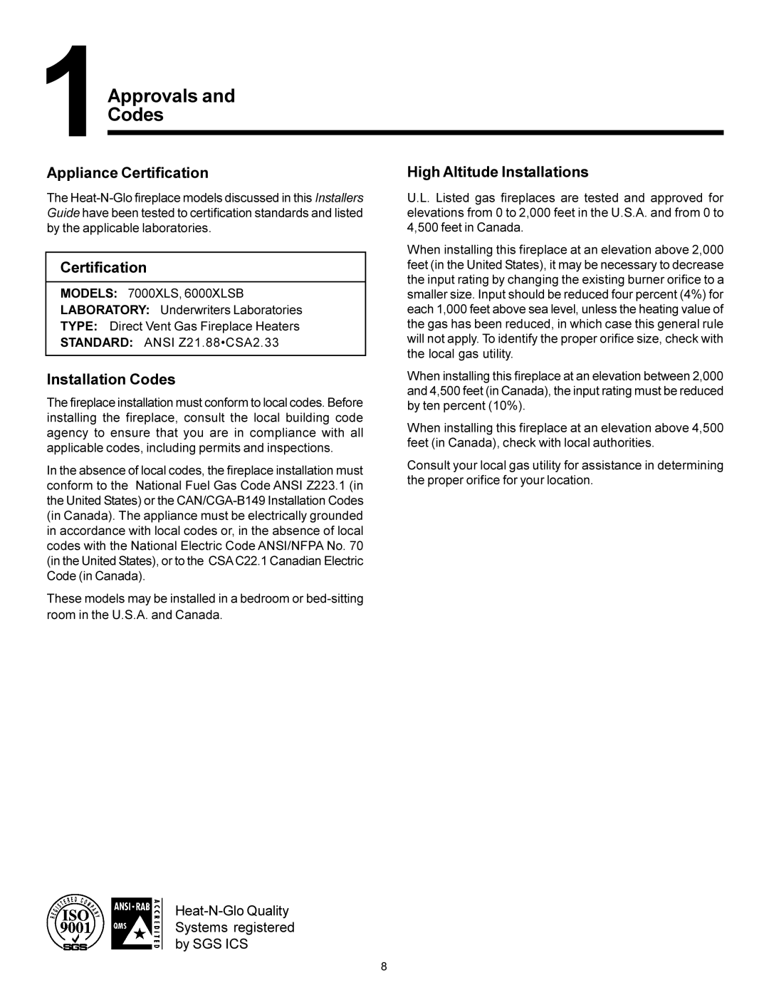 Heat & Glo LifeStyle 7000XLS, 6000XLSB manual Appliance Certification, High Altitude Installations, Installation Codes 