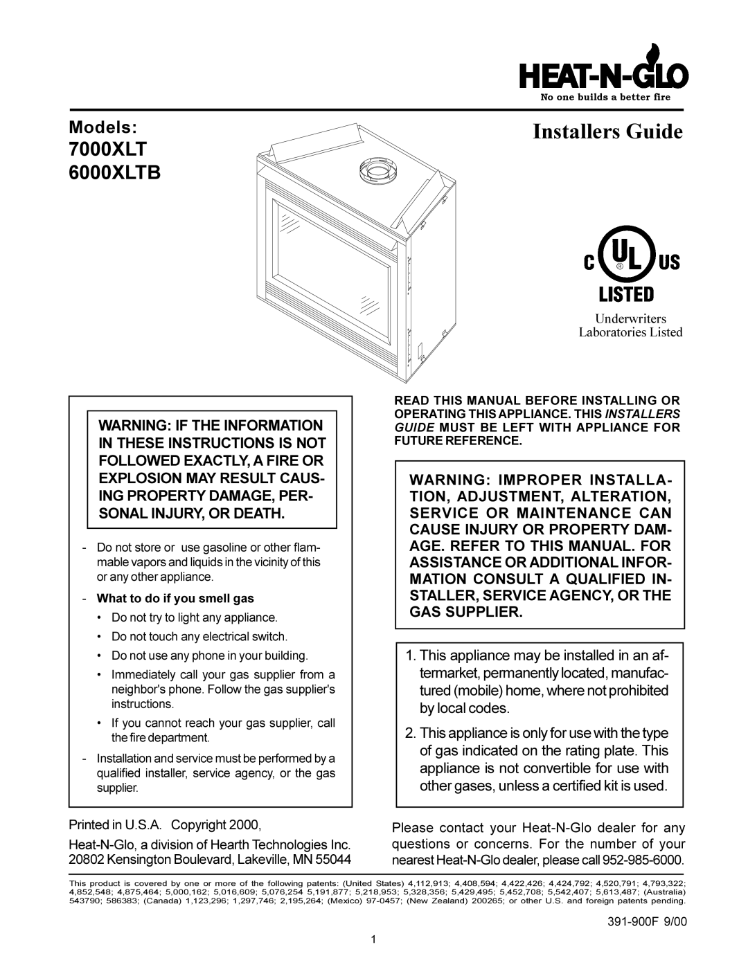 Heat & Glo LifeStyle 7000XLT manual Installers Guide, What to do if you smell gas 