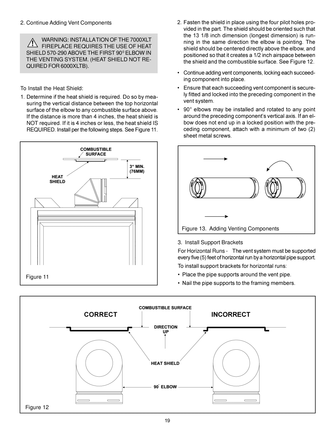 Heat & Glo LifeStyle 7000XLT manual Continue Adding Vent Components, To Install the Heat Shield, Install Support Brackets 