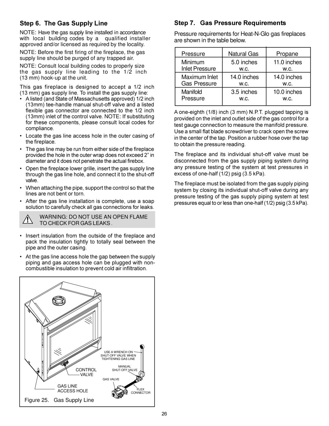 Heat & Glo LifeStyle 7000XLT manual Gas Supply Line, Gas Pressure Requirements 