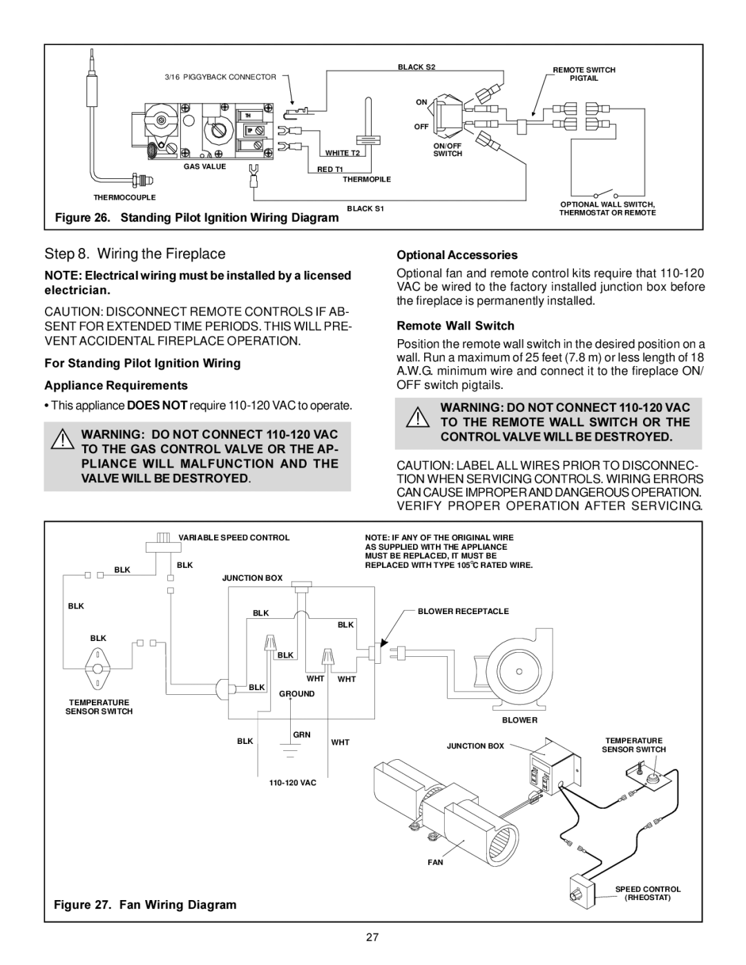 Heat & Glo LifeStyle 7000XLT manual Wiring the Fireplace, For Standing Pilot Ignition Wiring Appliance Requirements 