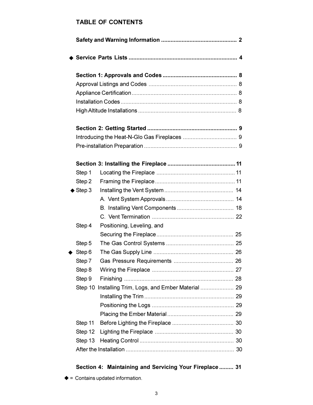 Heat & Glo LifeStyle 7000XLT manual Table of Contents 